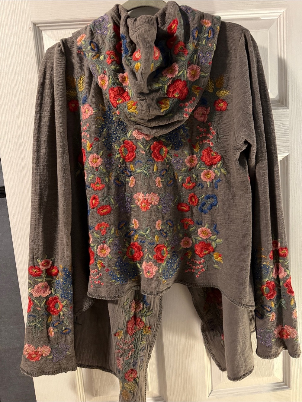 Johnny Was Gray Embroidered Hooded Cardigan with Multicolor Floral Detail - Picture 2 of 4